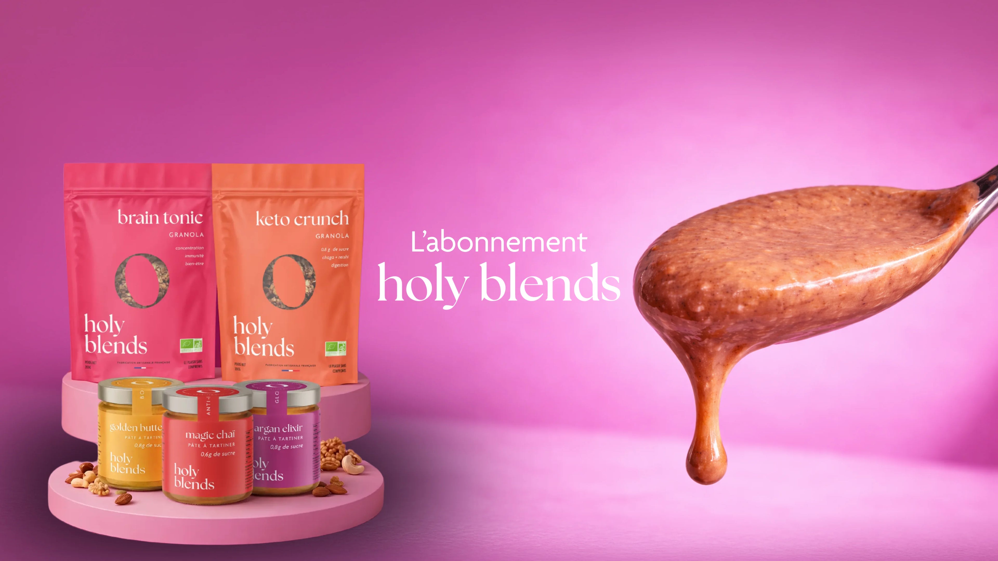 L'abonnement Holy Blends - granolas keto et pâtes à tartiner Brain Tonic, Keto Crunch, Golden Butter, Magic Chaï et Argan Elixir