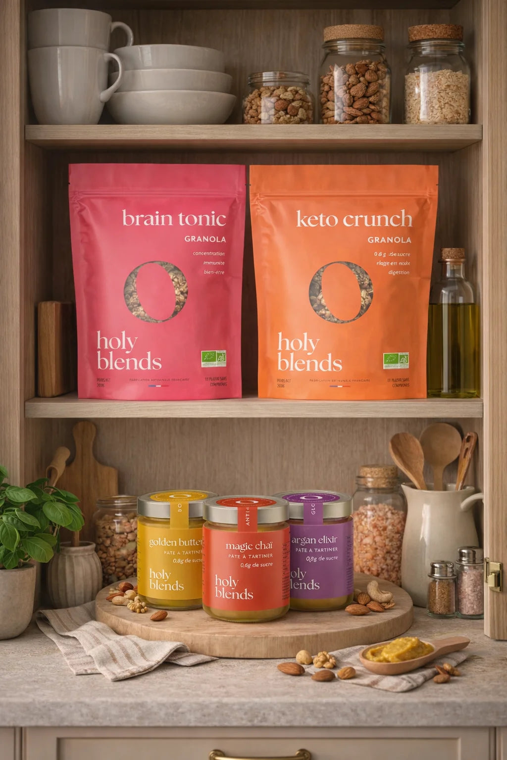 Pack Holy Blends - granolas keto et pâtes à tartiner Brain Tonic, Keto Crunch, Golden Butter, Magic Chaï et Argan Elixir