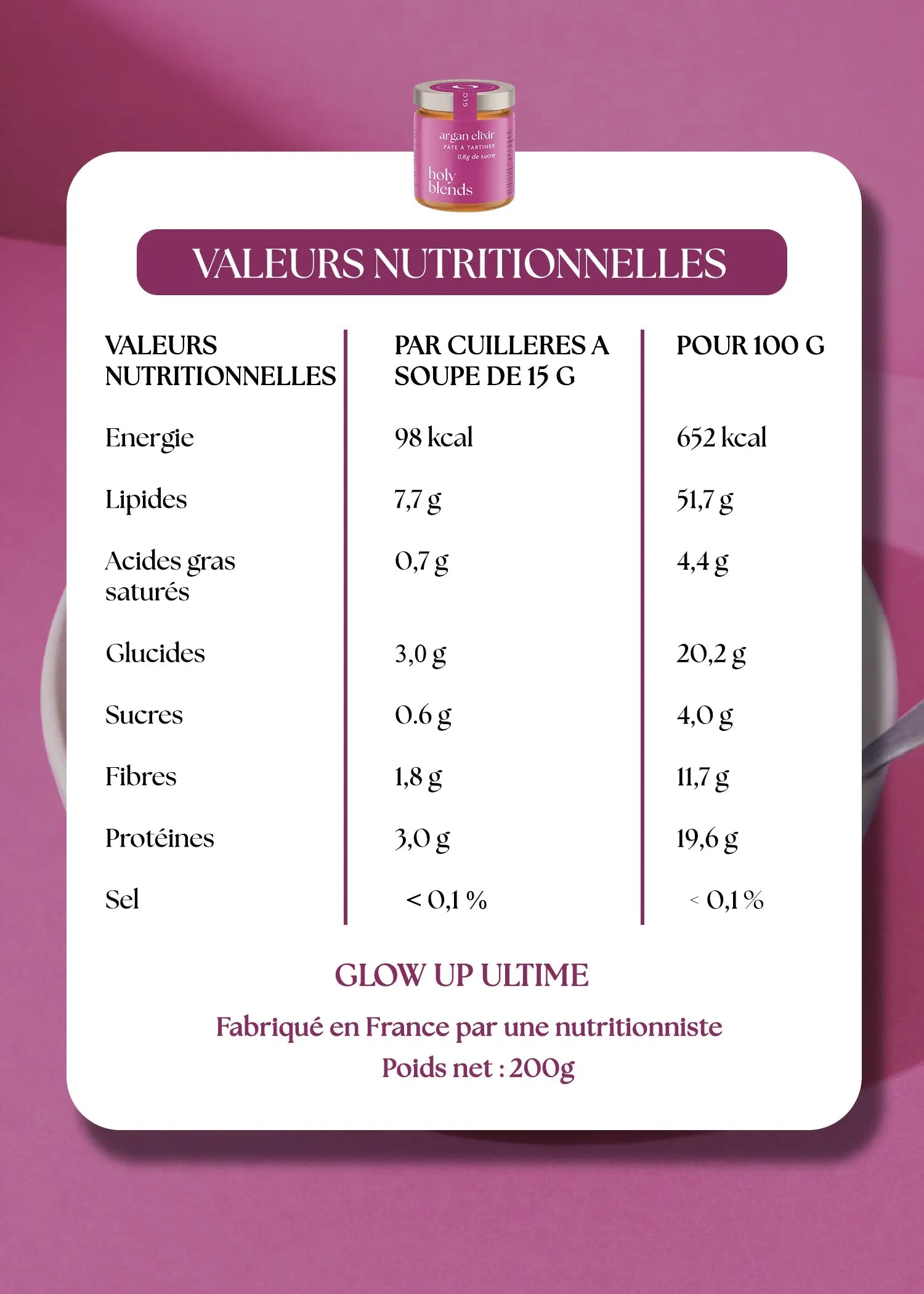Valeurs nutritionnelles pâte à tartiner argan elixir Holy Blends protéines lipides glucides