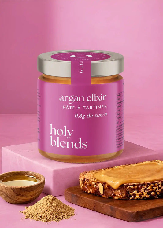 Pâte à tartiner argan elixir Holy Blends gourmande et naturelle pour tartines et petit-déjeuner
