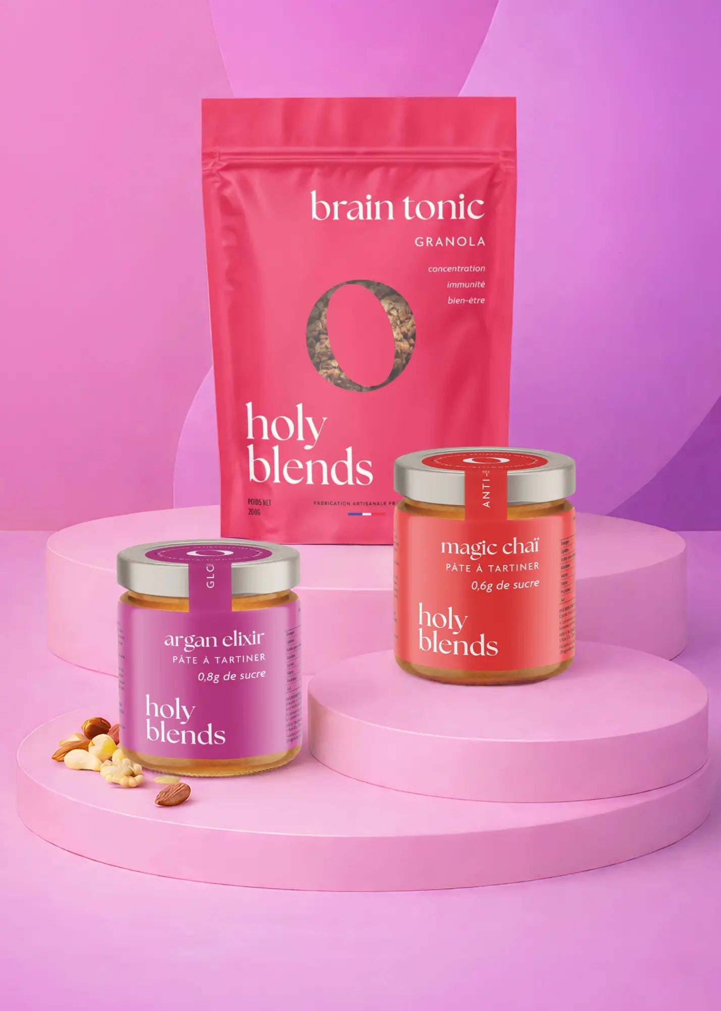 Pack petit-déjeuner Holy Blends complet avec produits healthy pour routine matinale équilibrée