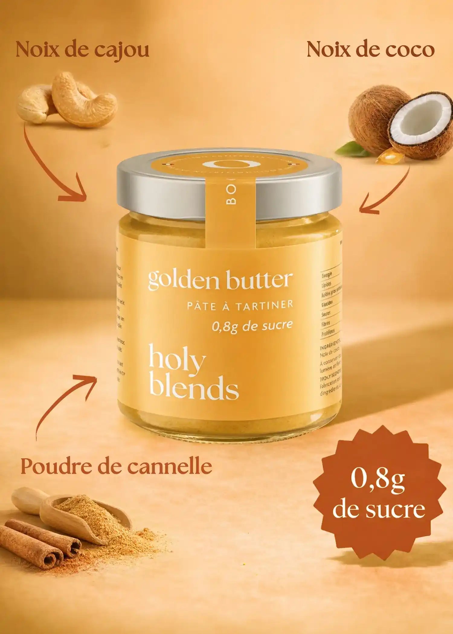 Ingrédients pâte à tartiner golden butter Holy Blends composition naturelle
