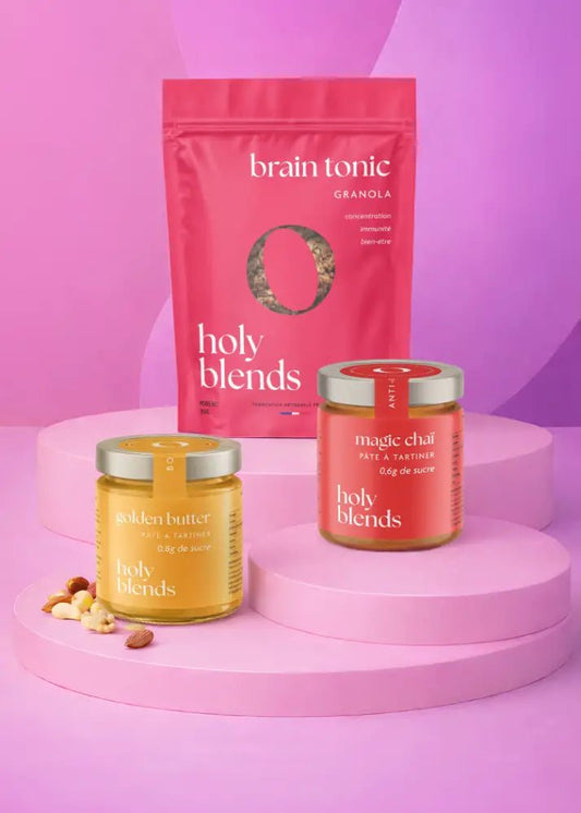 Pack petit-déjeuner Holy Blends complet avec produits healthy pour routine matinale équilibrée